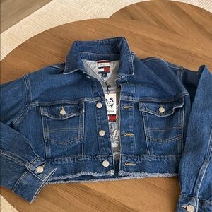 Tommy Hilfiger Blue Cropped Denim Jacket with Frayed Hem